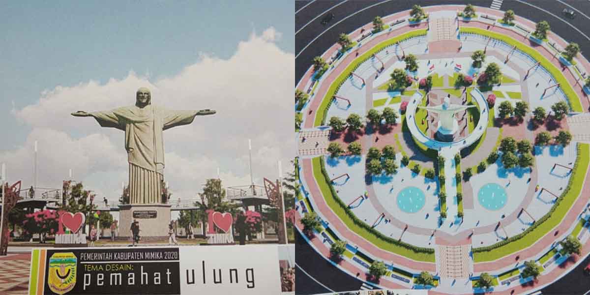 Desain pembangunan bundaran simpang delapan di Timika dengan  patung Yesus di tengahnya.